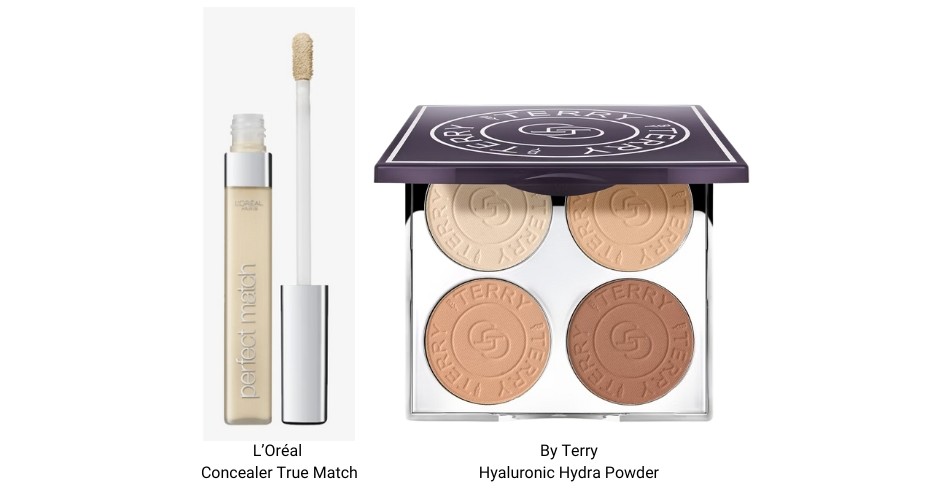 Capture d'écran de produits maquillage que je recommande pour avoir un maquillage de mariage léger : un anticerne l'Oréal très lumineux et discret et une poudre hydratante légère.