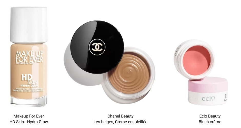 Une capture d'écran des produits de maquillage que je conseille pour un maquillage de mariage léger. Un fond de teint de la marque makeup for ever qui est très fluide et naturel. Une bronzer en crème de la marque Chanel et enfin un blush rosé pour illuminer ses pommettes.